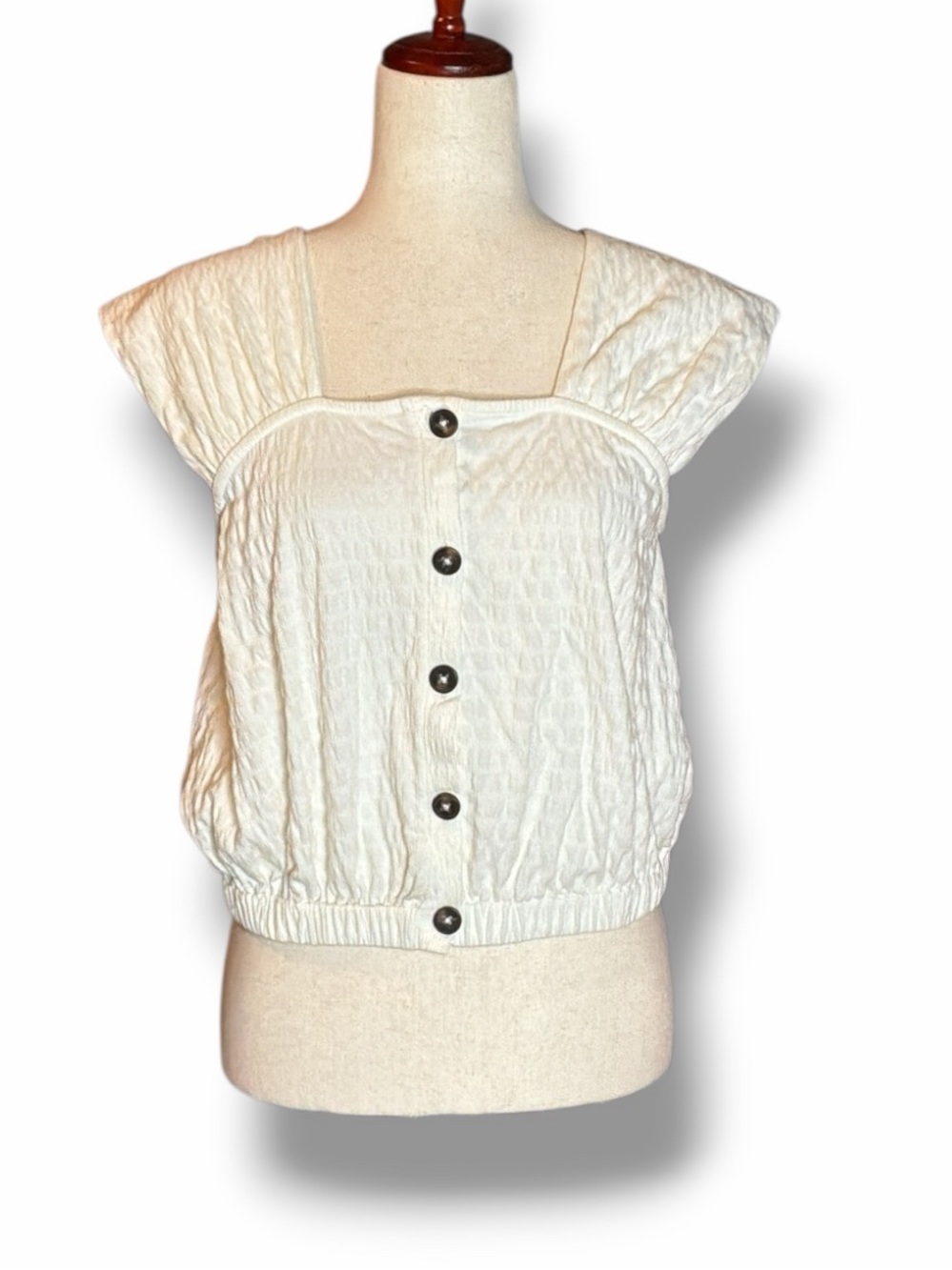 Madewell Off White Textured Wide Strap Button Front Elastic Hem Top Size Small